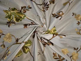 100% Silk Taffeta floral embroidery on ivory and blue plaids 54" wide 74.70MOMME TAFEMB21