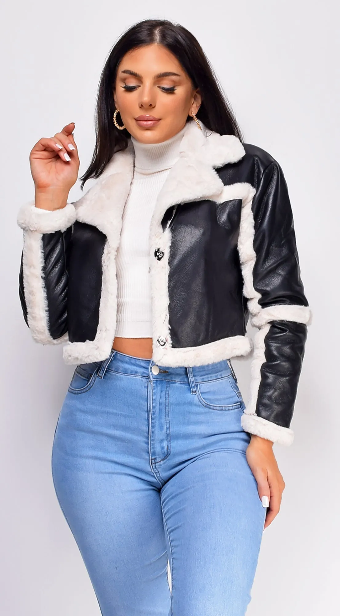 Adia Black Cream Cropped Faux Leather Fur Jacket