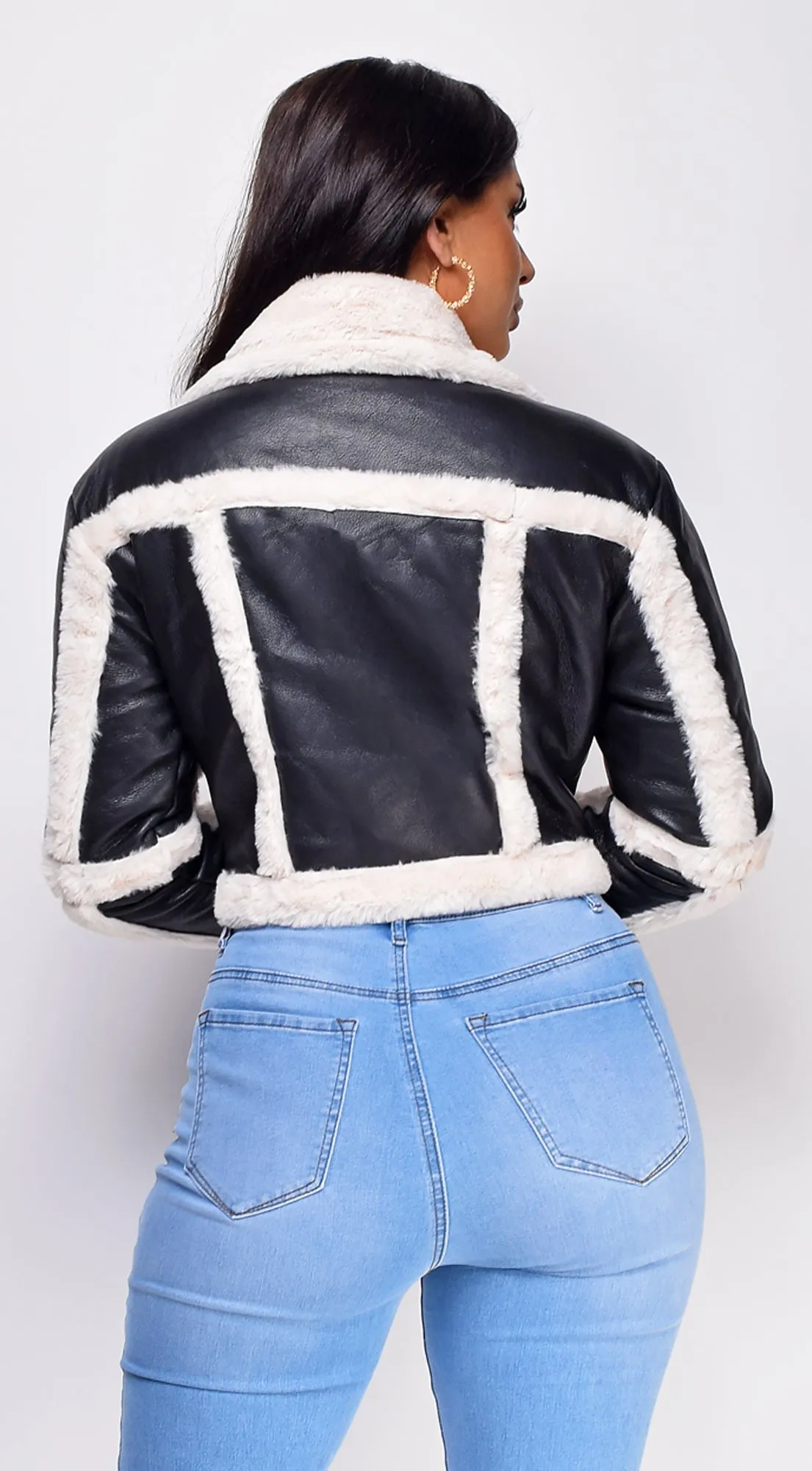 Adia Black Cream Cropped Faux Leather Fur Jacket