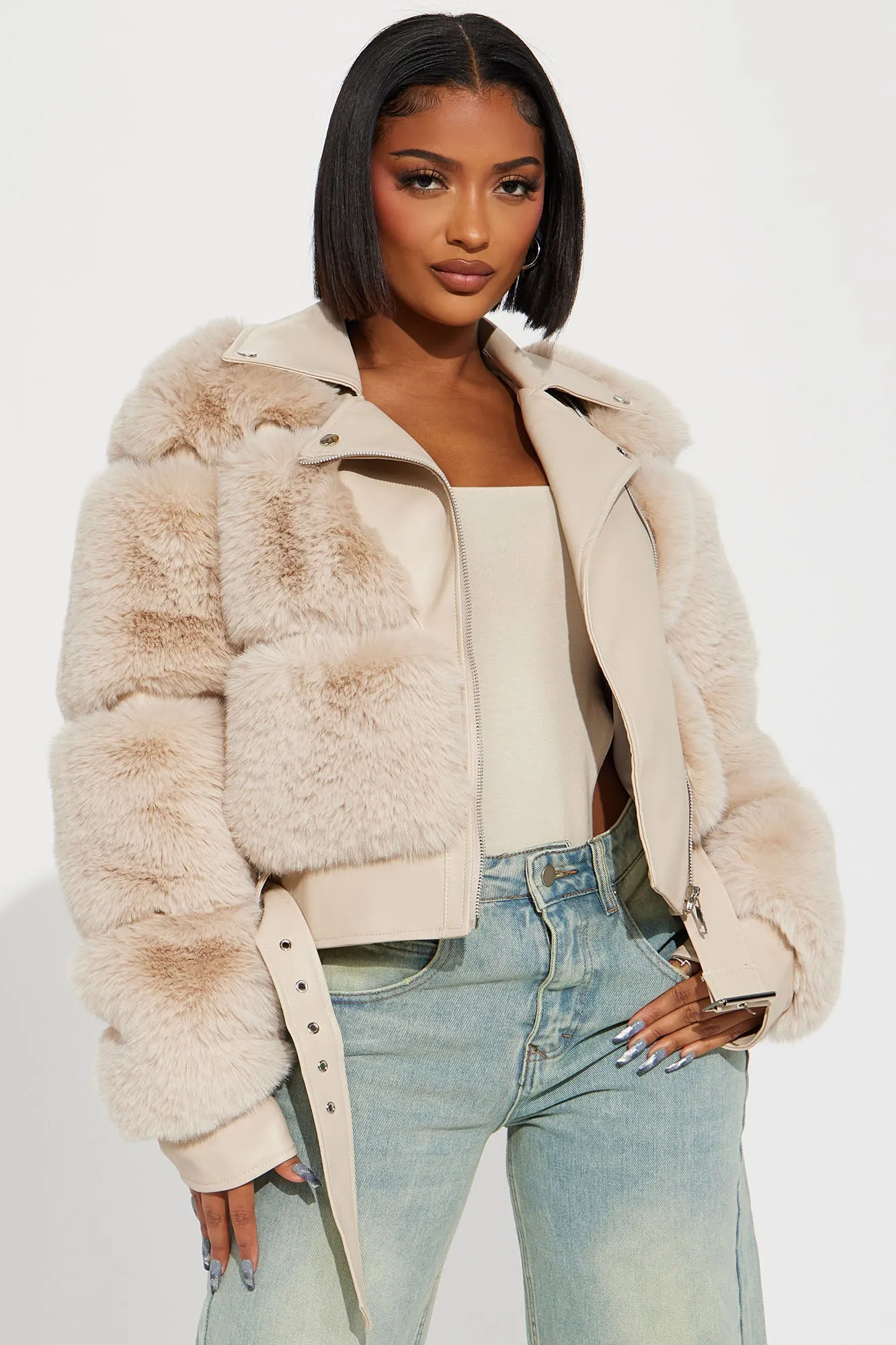 Ayla Faux Fur Moto Jacket - Cream