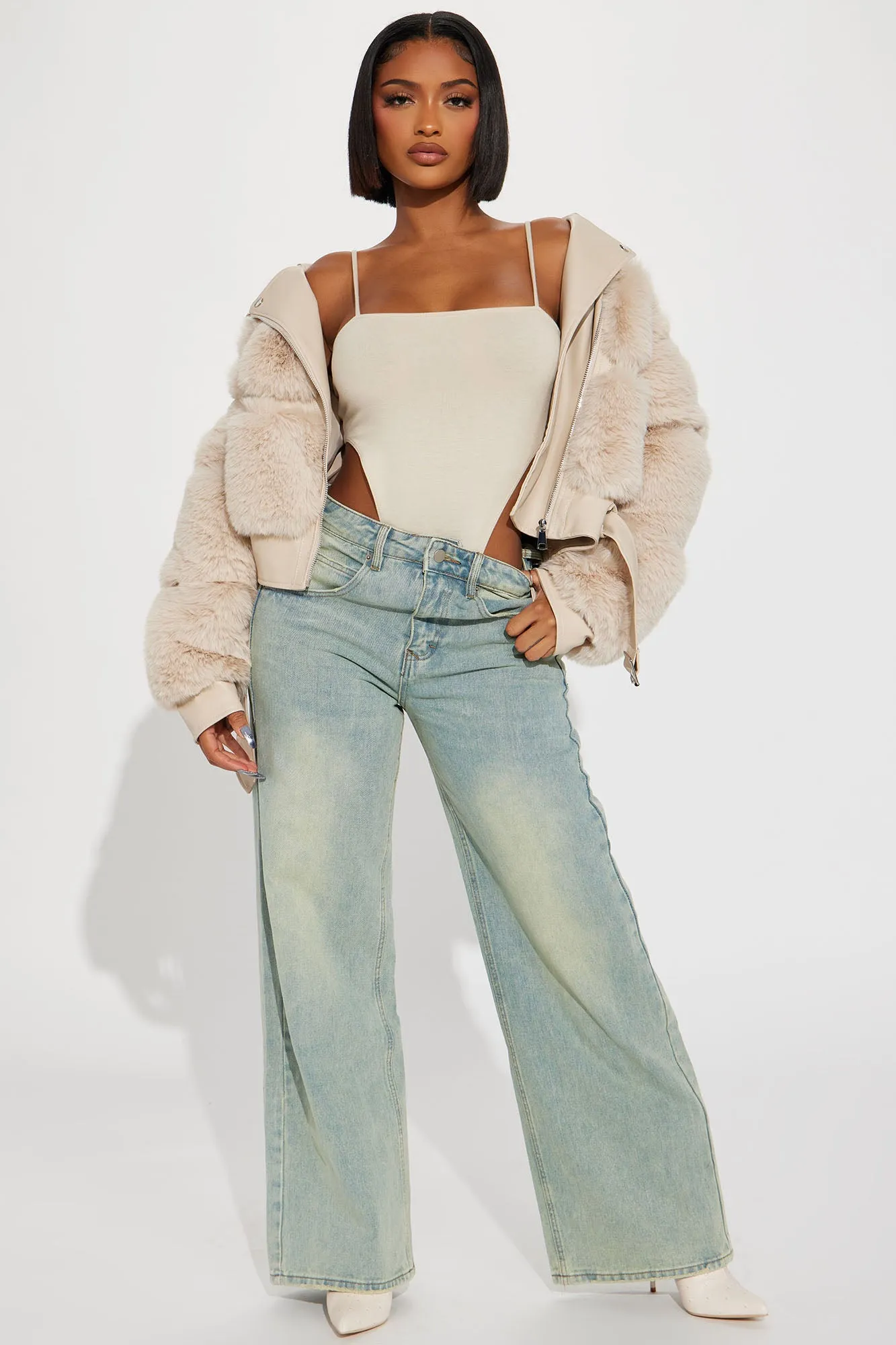 Ayla Faux Fur Moto Jacket - Cream