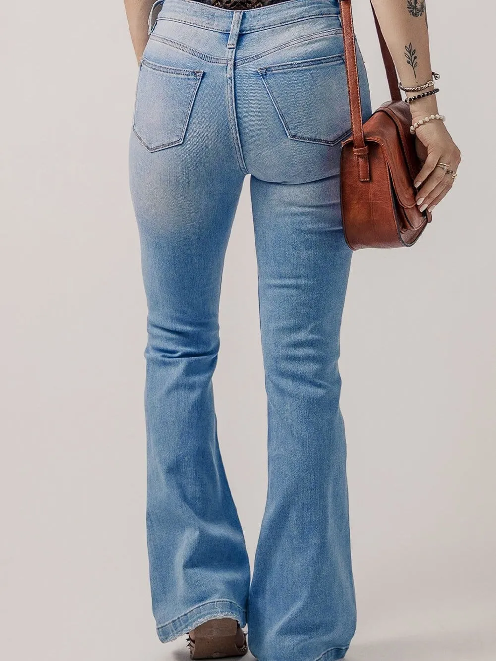 Beau Blue High Rise Distressed Button Fly Flare Jeans