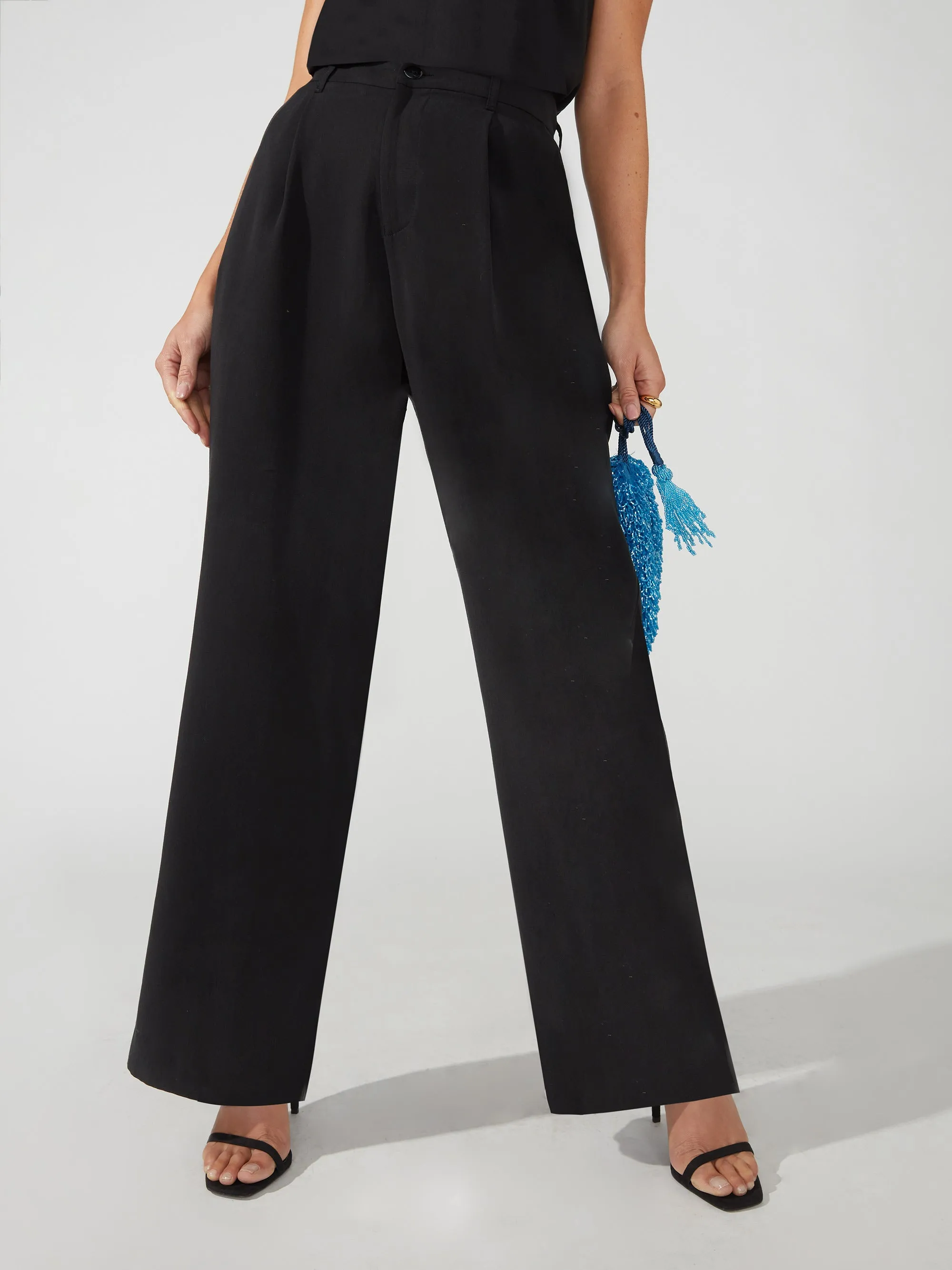 Black Lyocell Wide Leg Trousers