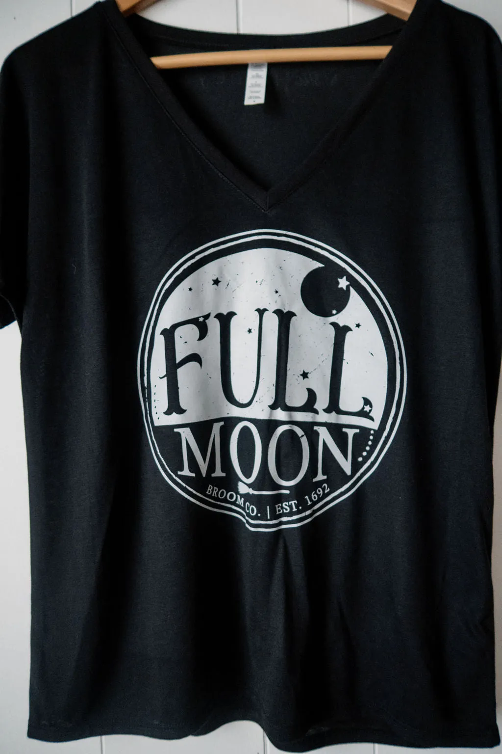 Black V-neck Full Moon Broom Co. RH Label Tee