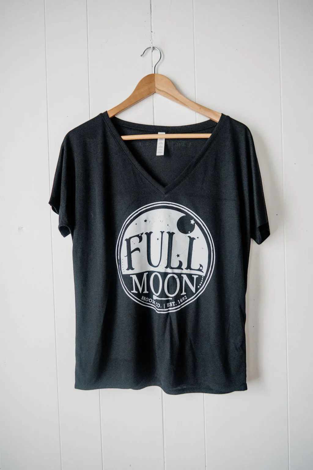 Black V-neck Full Moon Broom Co. RH Label Tee