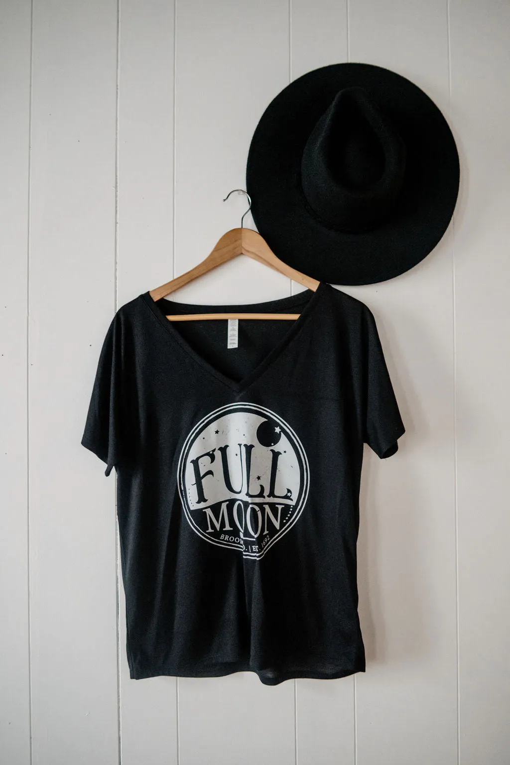 Black V-neck Full Moon Broom Co. RH Label Tee