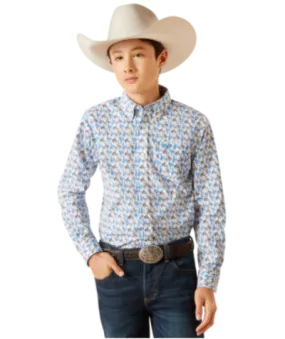 Boys Ariat 10047296 Peerce White/Blue Bronc Print Button-down Long Sleeve Shirt