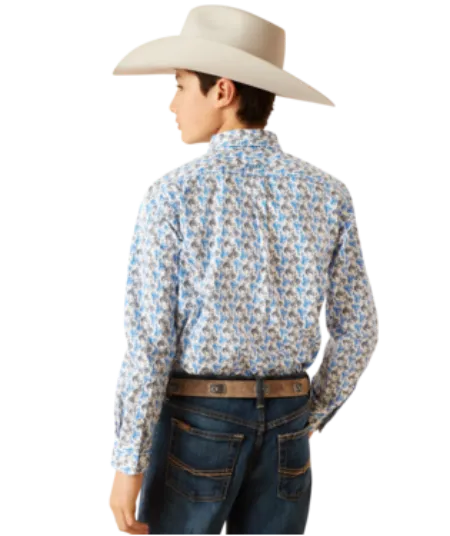 Boys Ariat 10047296 Peerce White/Blue Bronc Print Button-down Long Sleeve Shirt