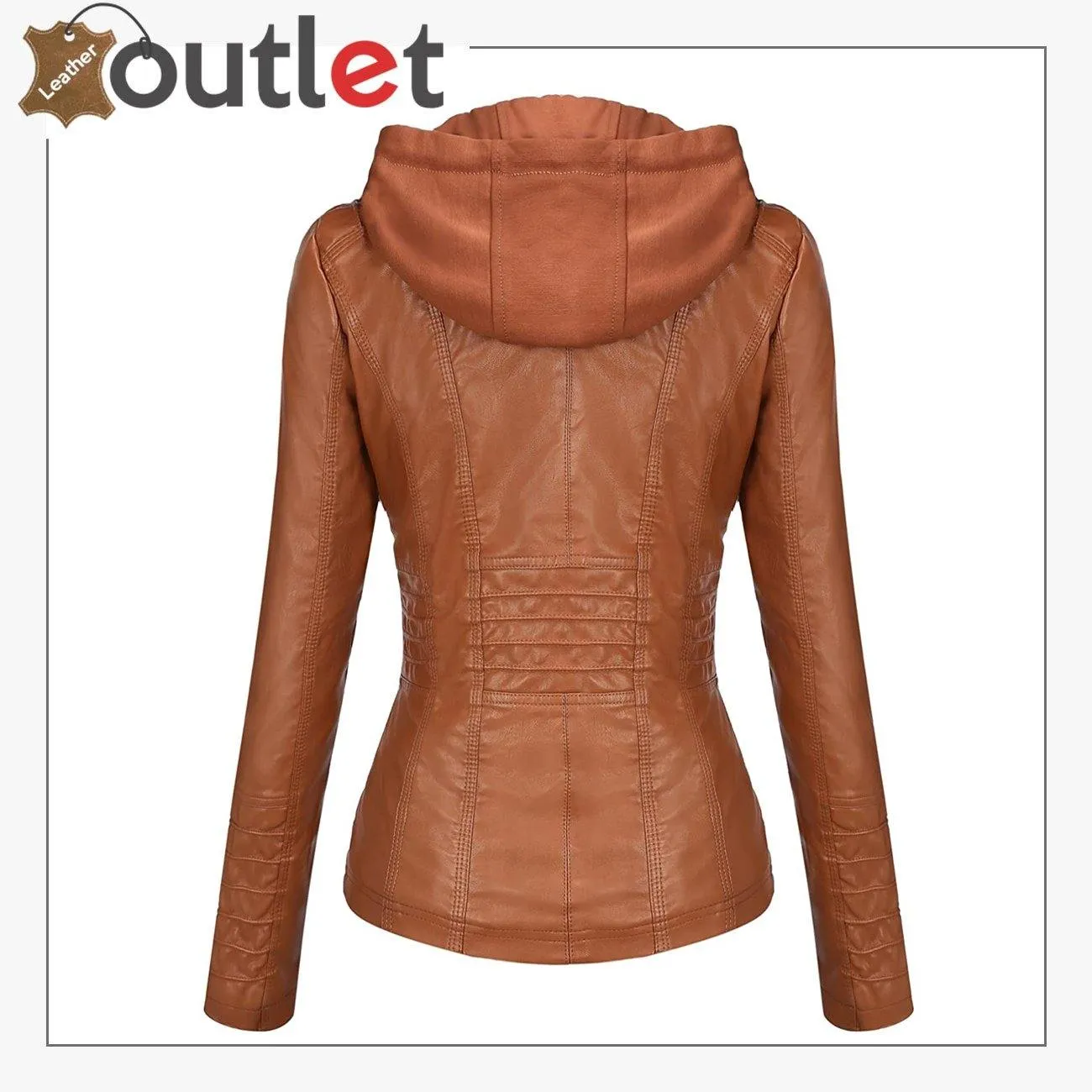 Brown Womens Hooded Faux Leather Fashion Jacket