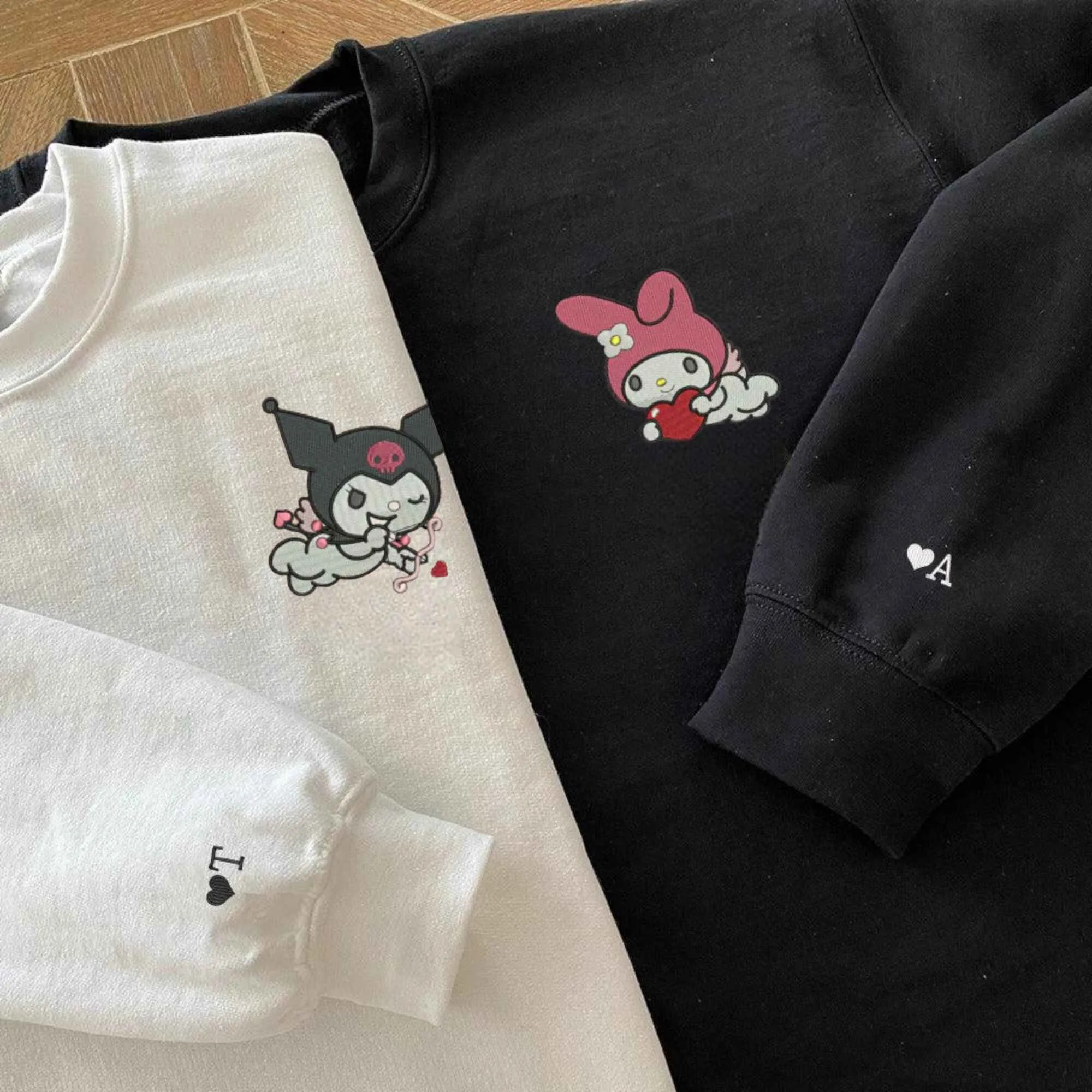 Cartoon Evil Cat & Bunny Custom Embroidered Hoodies | Matching Sweatshirts For Couples