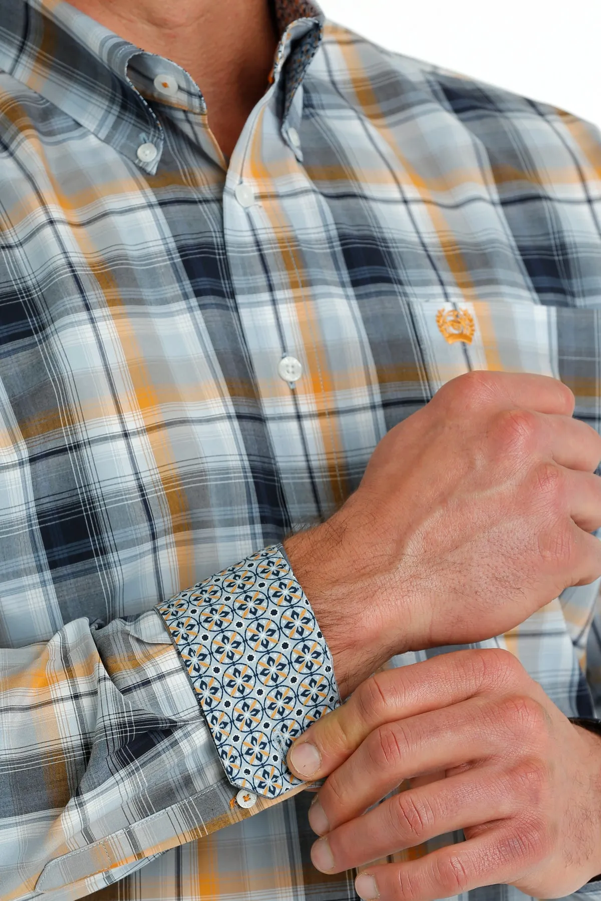 Cinch Men's Light Blue and Orange Plaid Western Shirt