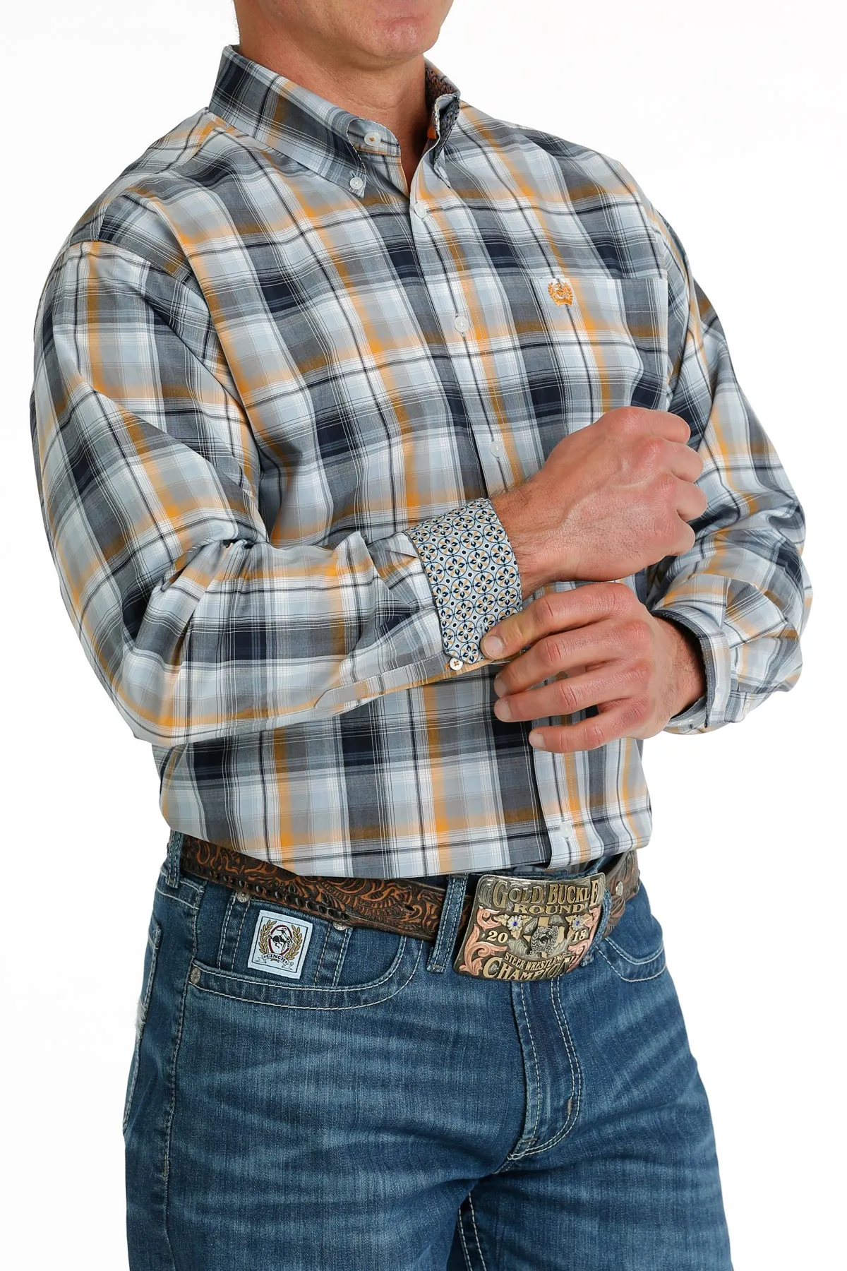 Cinch Men's Light Blue and Orange Plaid Western Shirt