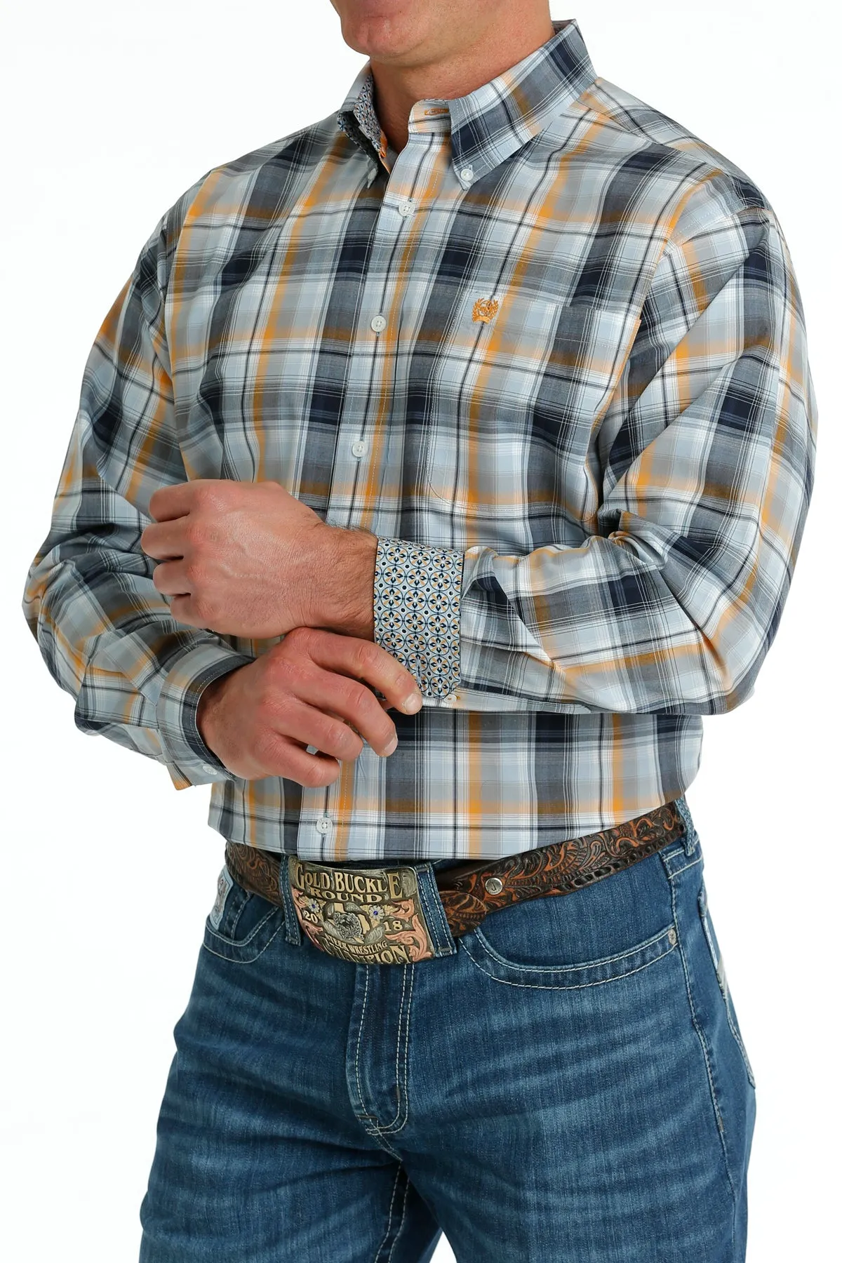 Cinch Men's Light Blue and Orange Plaid Western Shirt