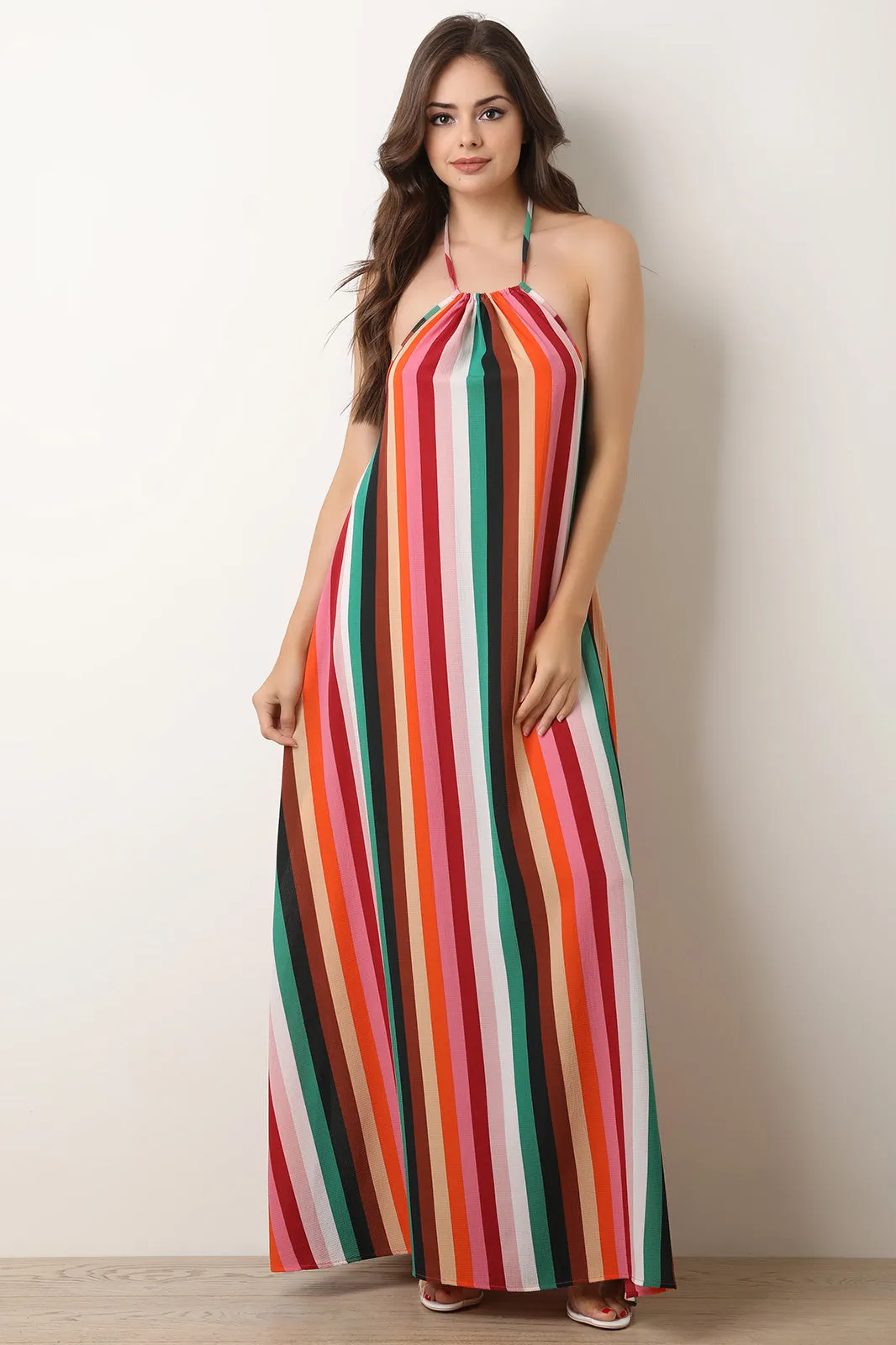 Colorful Stripe Sleeveless Halter Maxi Dress