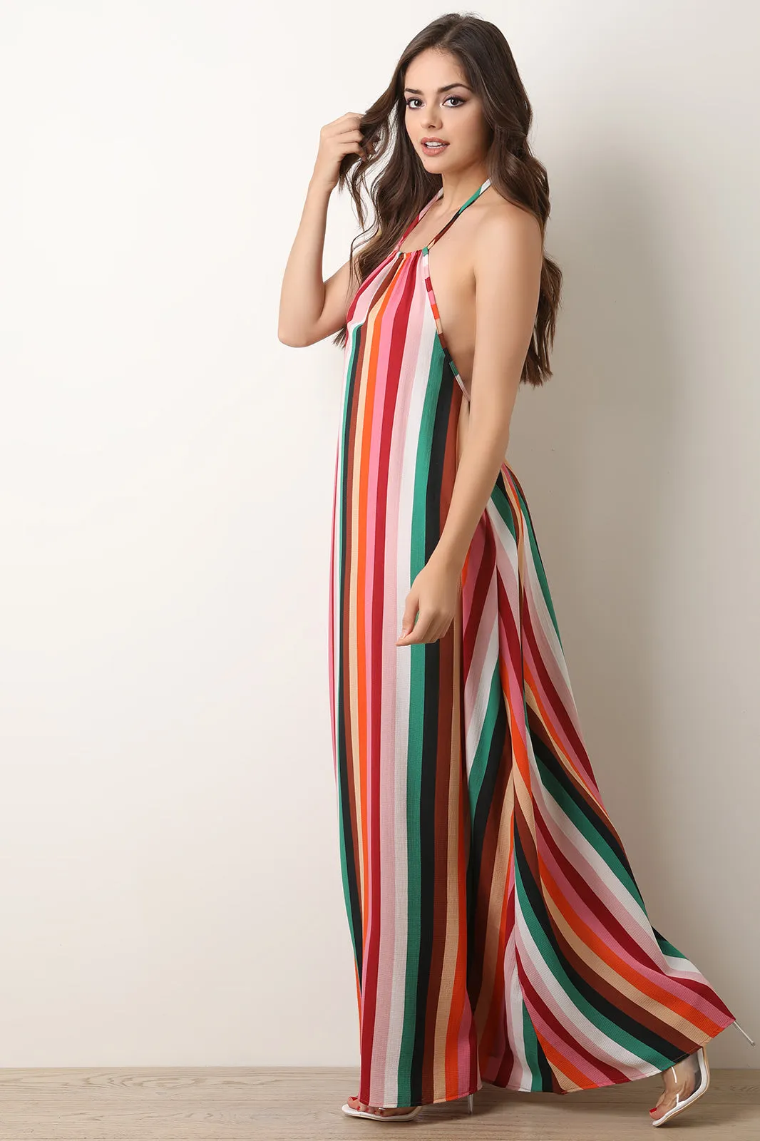 Colorful Stripe Sleeveless Halter Maxi Dress