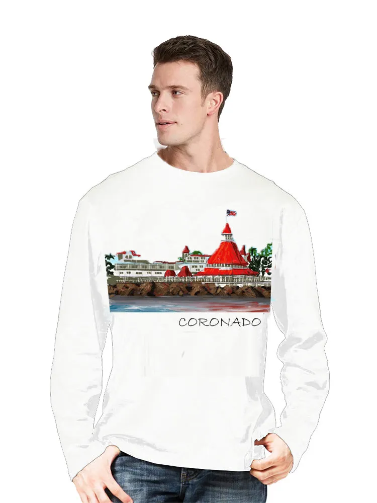 Coronado-CA, USA Ashore Travel Shirts-  Series No. 238003 Artist Handpaint Long Sleeve Shirt EU Size 100% Cotton  High Quality Gifts Tops