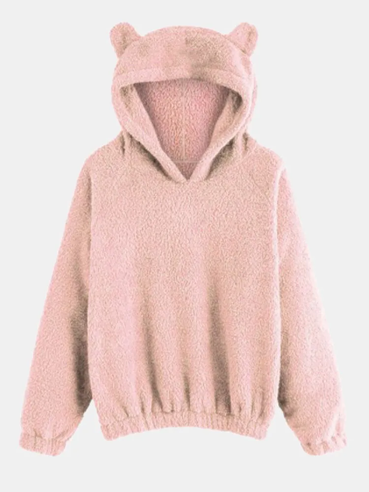 Cutie CasualSolid Color Fuzzy Ear Long Sleeve Patchwork Teddy Hoodies