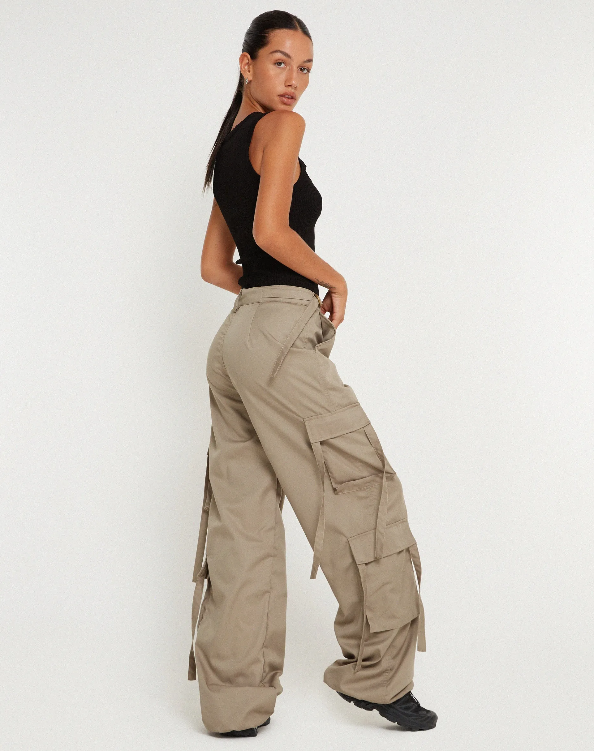 Edgar Wide Leg Cargo Trouser in Cotton Drill Taupe