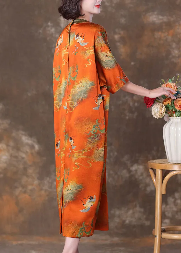 Elegant Orange V Neck Button Print Silk Long Dresses Summer OP1070