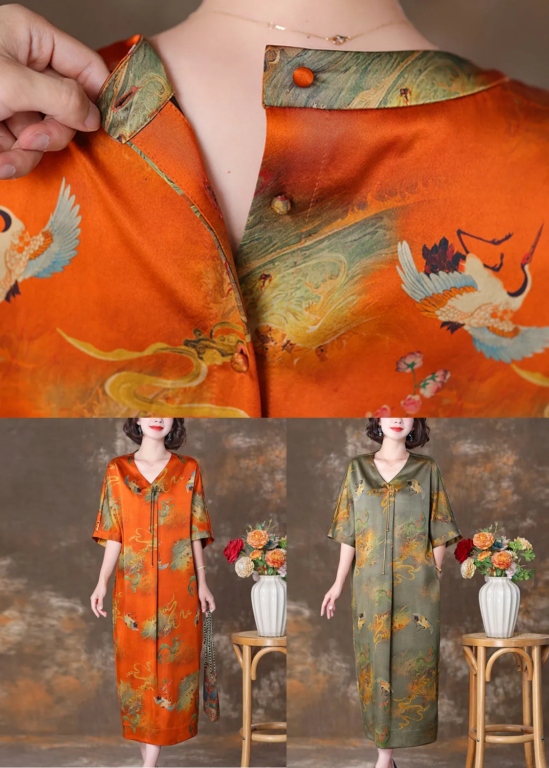 Elegant Orange V Neck Button Print Silk Long Dresses Summer OP1070