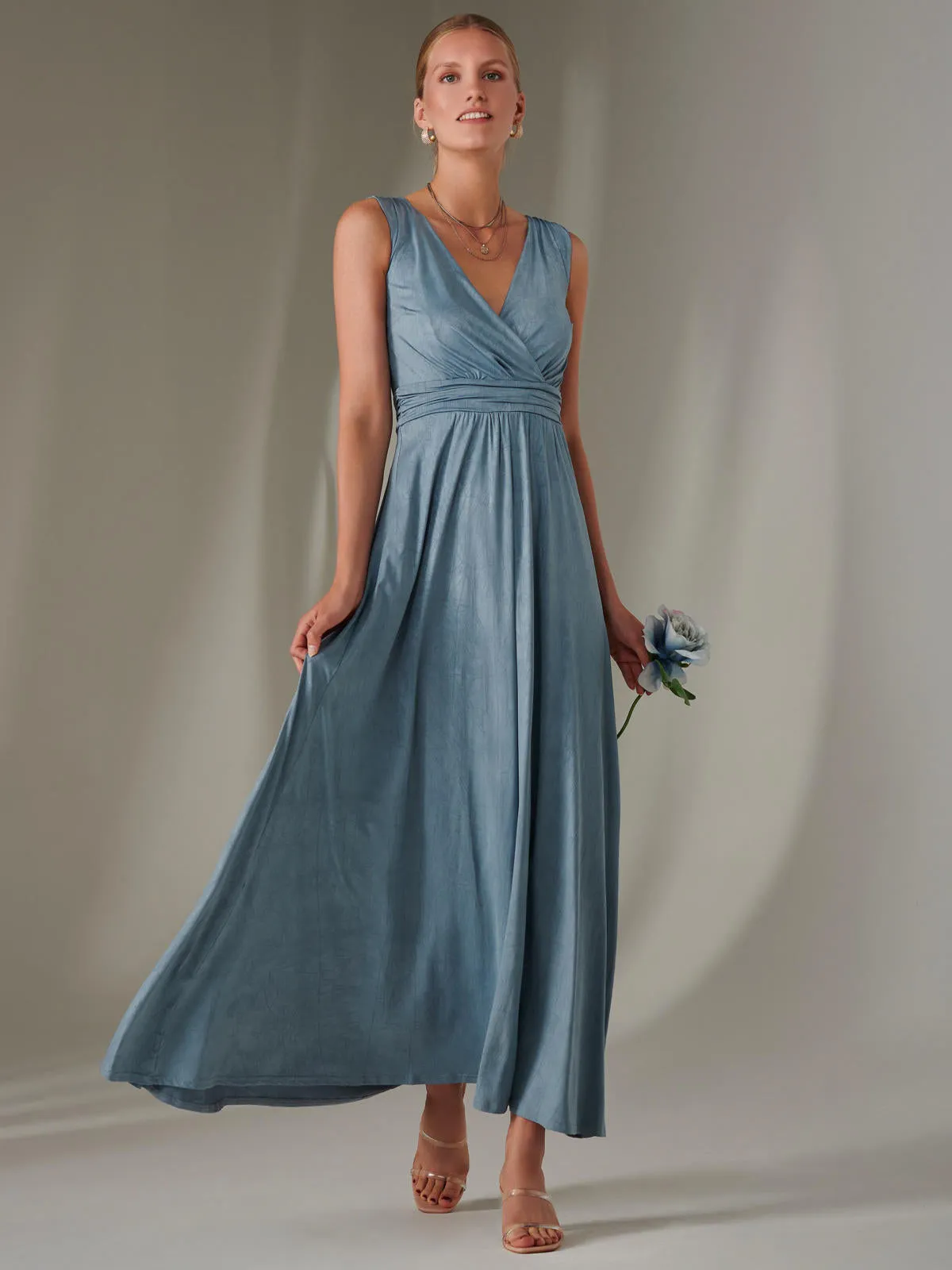 Ella Wrap Bodice Jersey Maxi Dress, Steel Blue