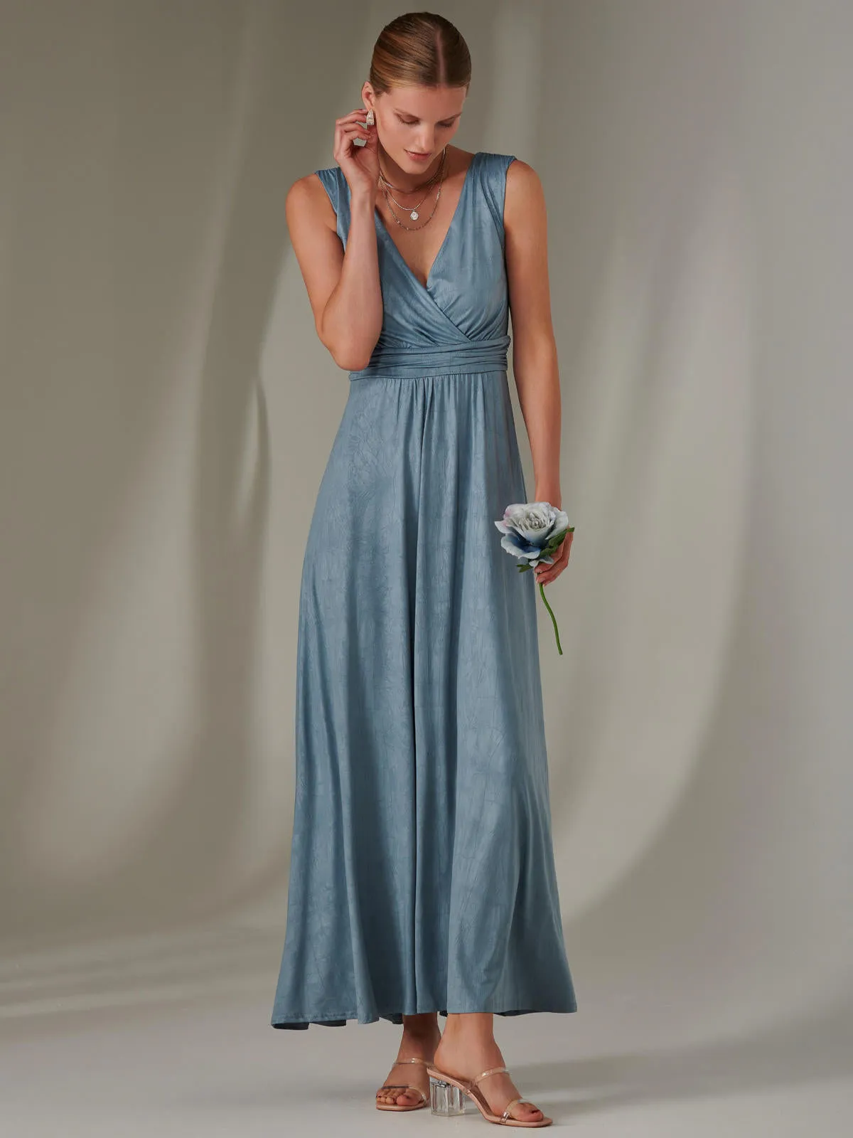 Ella Wrap Bodice Jersey Maxi Dress, Steel Blue