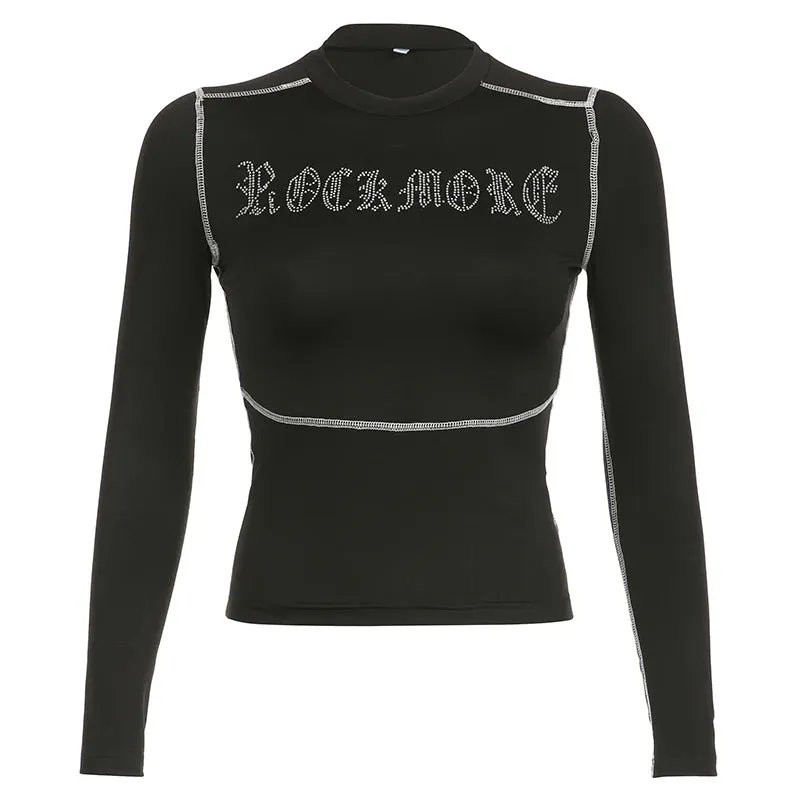 Fashion Line Stitch Skinny Long Sleeve Tee Shirts Women Streetwear Rhinestone Autumn Top T shirts Gothic Outfits Dark