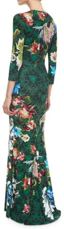 Floral Print Long Jersey Silk V-Neck Dress in Green