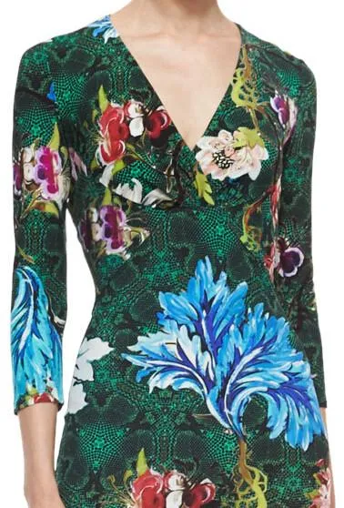 Floral Print Long Jersey Silk V-Neck Dress in Green