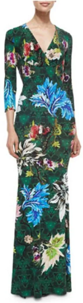 Floral Print Long Jersey Silk V-Neck Dress in Green