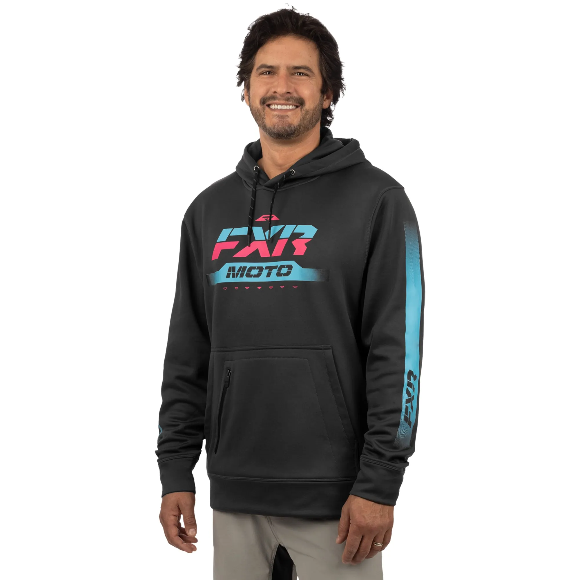 FXR  Moto Tech Pullover Hoodie Water Resistant Zippered Pouch Asphalt Nightclub