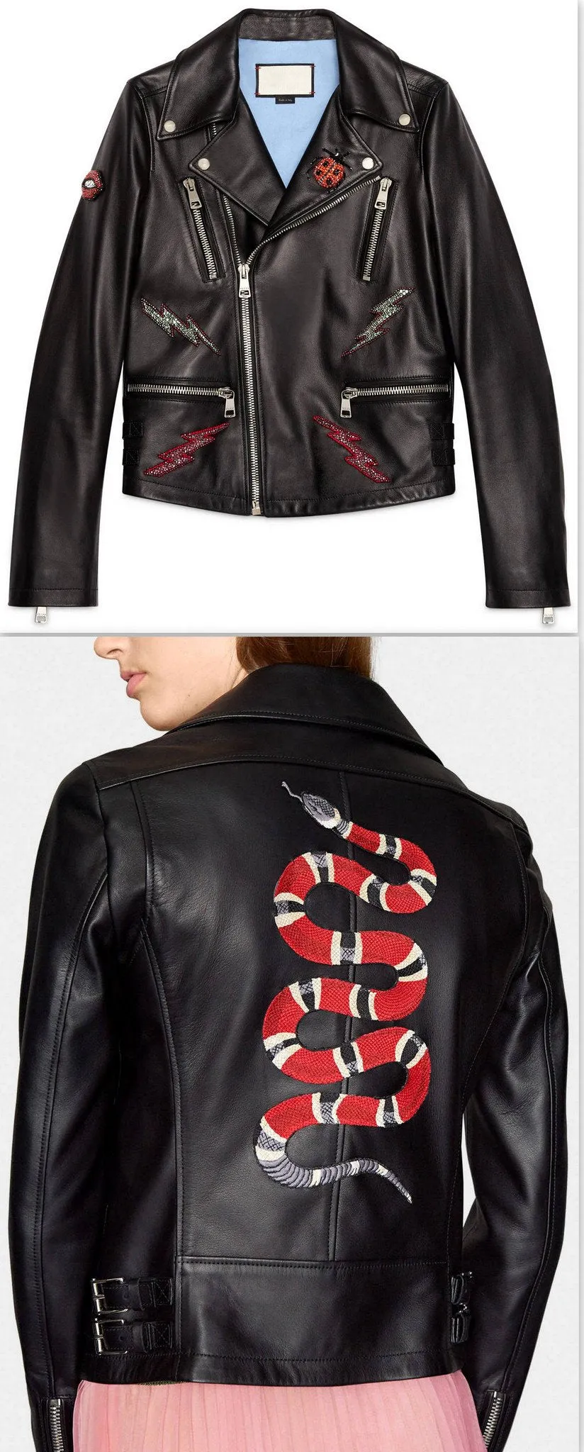 Genuine Leather Jacket with Appliques