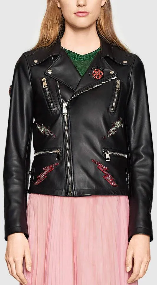 Genuine Leather Jacket with Appliques