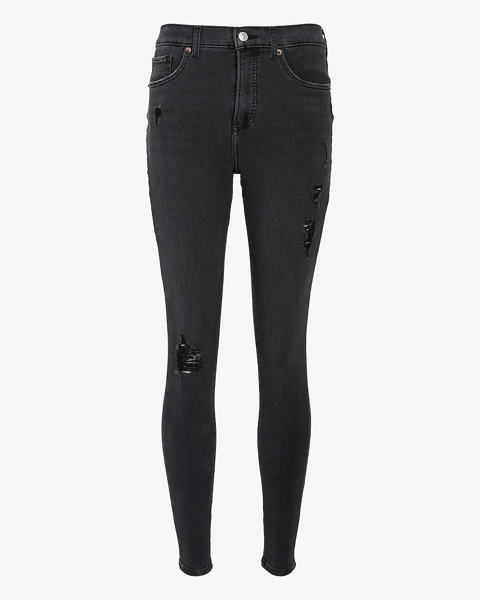 High Waisted 4-Way Hyper Stretch Black Ripped Skinny Jeans in Pitch Black