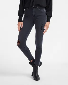 High Waisted 4-Way Hyper Stretch Black Ripped Skinny Jeans in Pitch Black