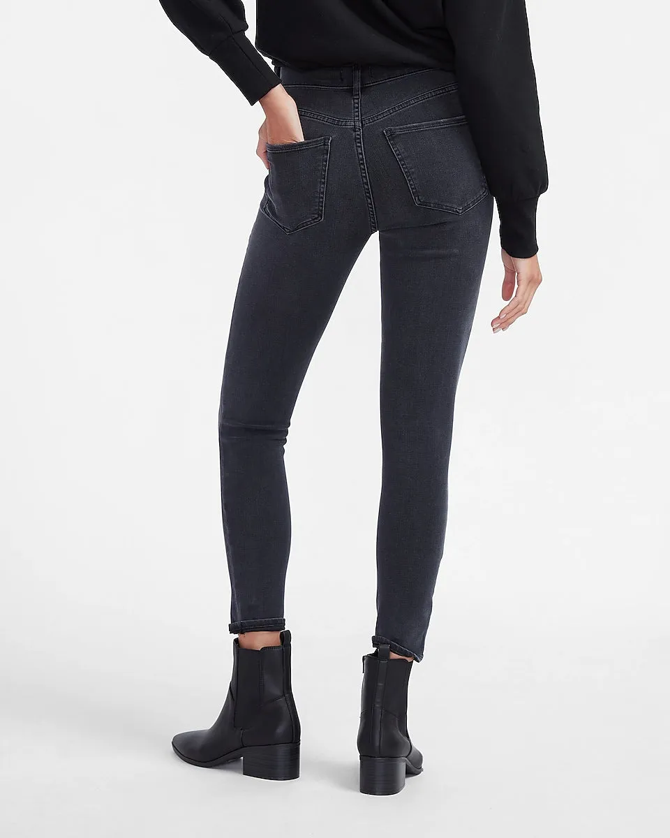 High Waisted 4-Way Hyper Stretch Black Ripped Skinny Jeans in Pitch Black