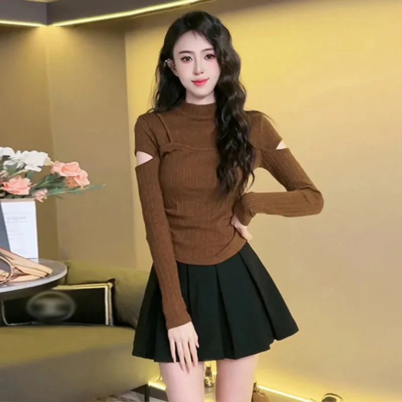 Hollow Out French Styles Knitting Women's T-shirts New Slim Sexy Long Sleeve O-neck Solid Color Fashion Female T-shirts