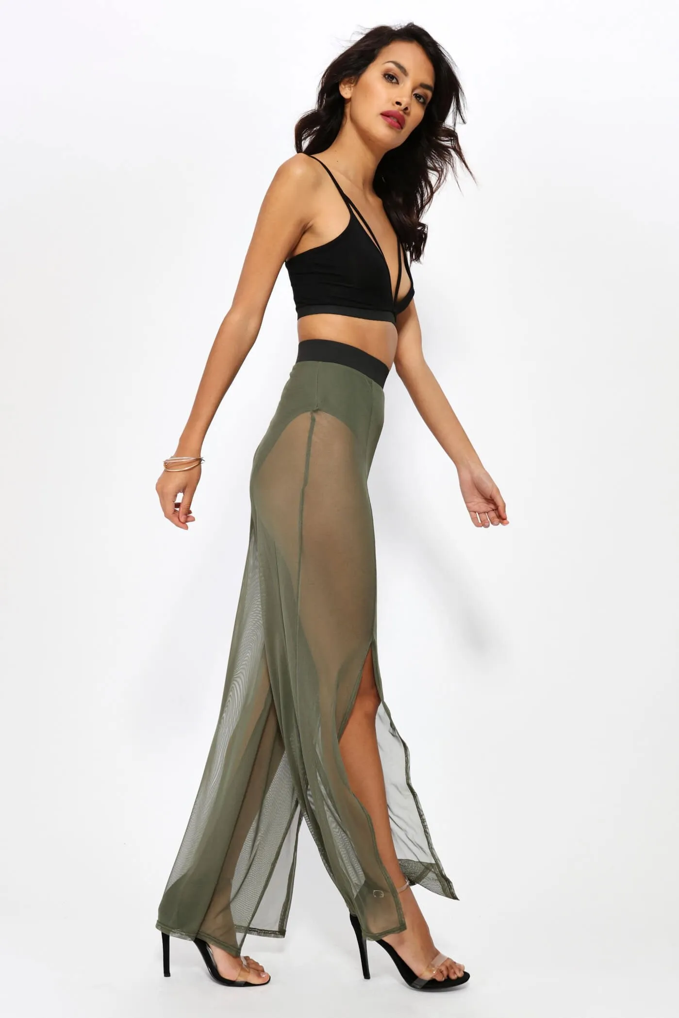 Khaki Front Split Mesh Trouser