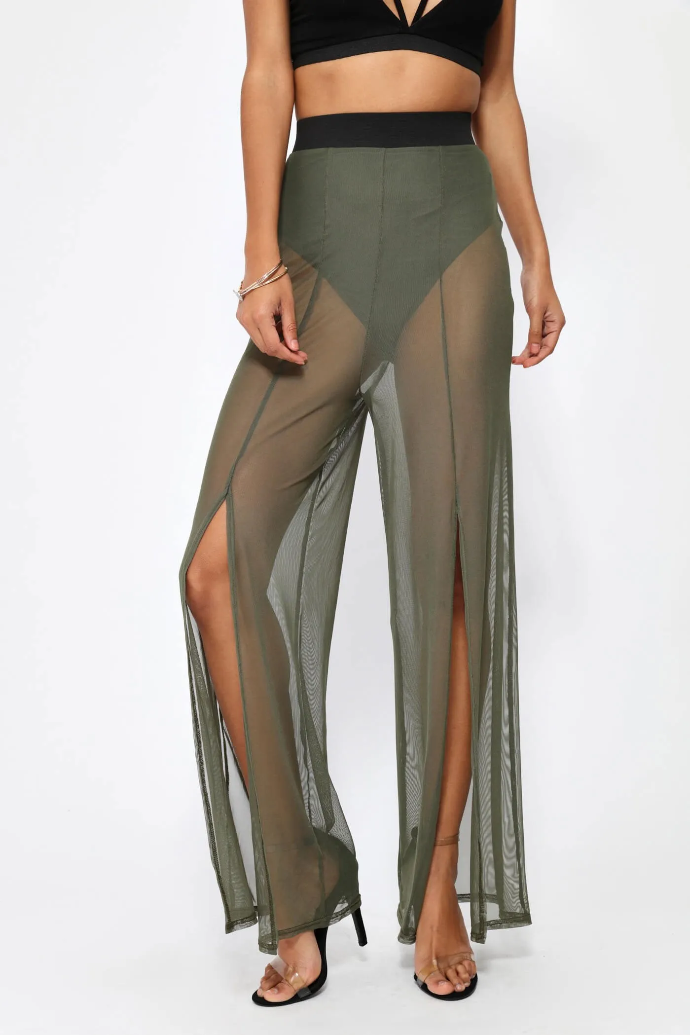 Khaki Front Split Mesh Trouser