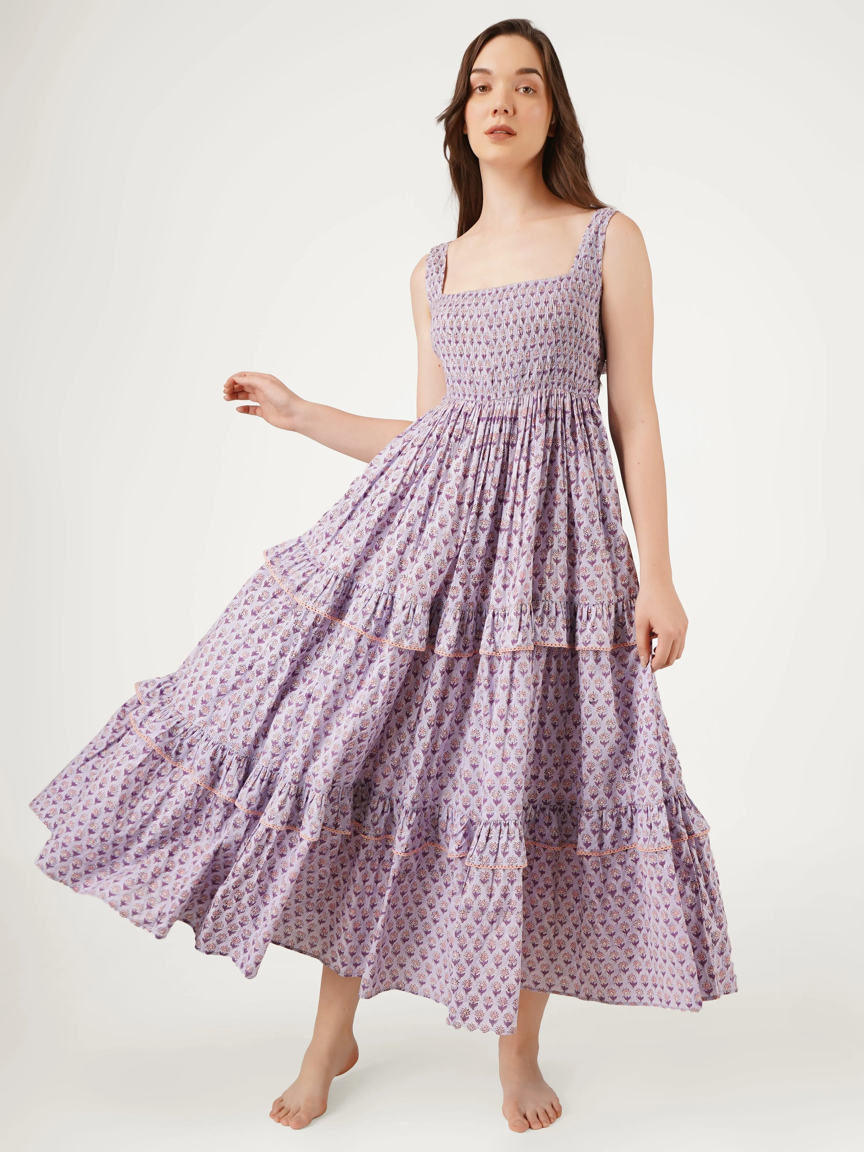 Lavender Cotton Tiered Dress With Back Bow Details