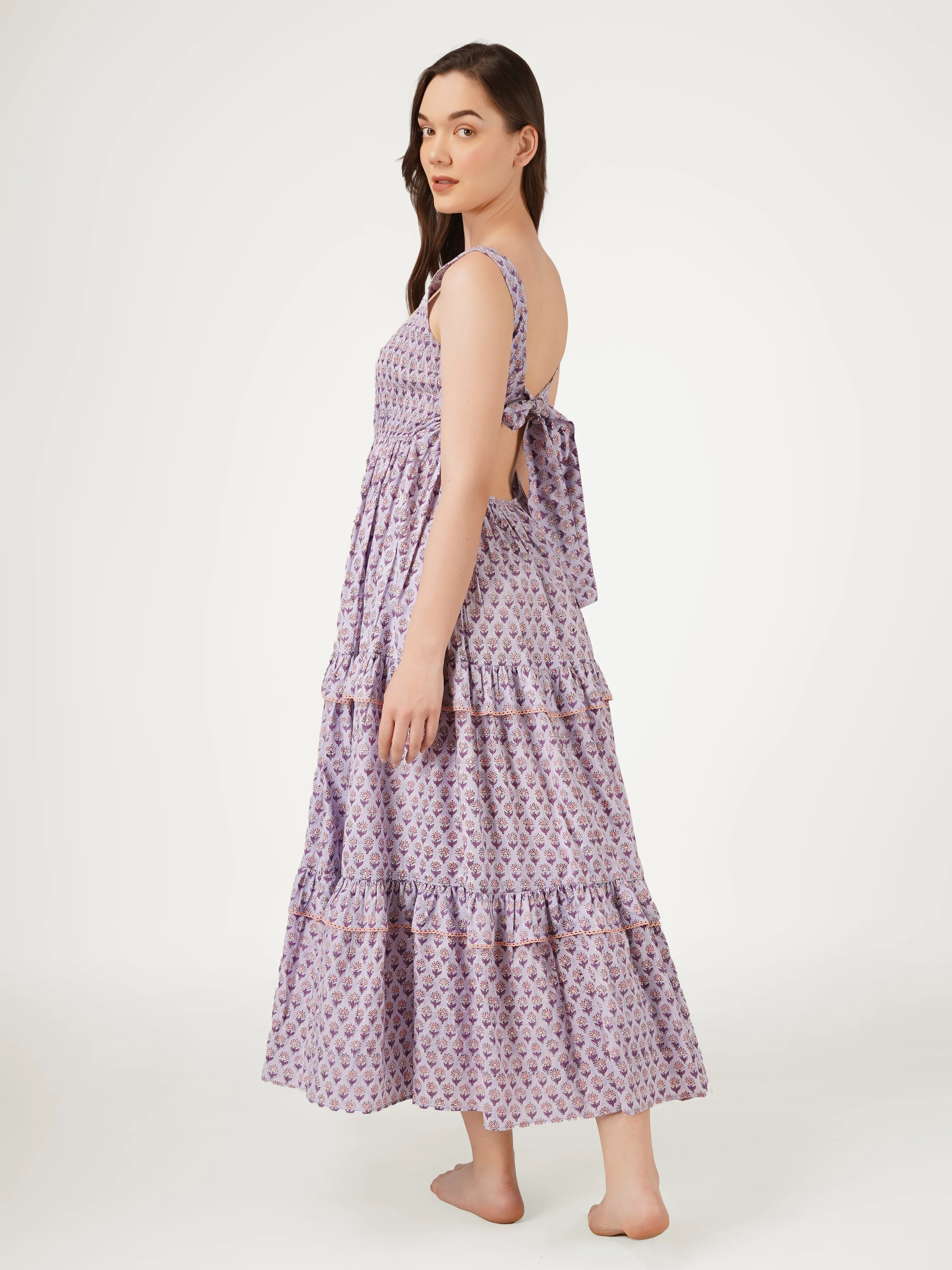 Lavender Cotton Tiered Dress With Back Bow Details