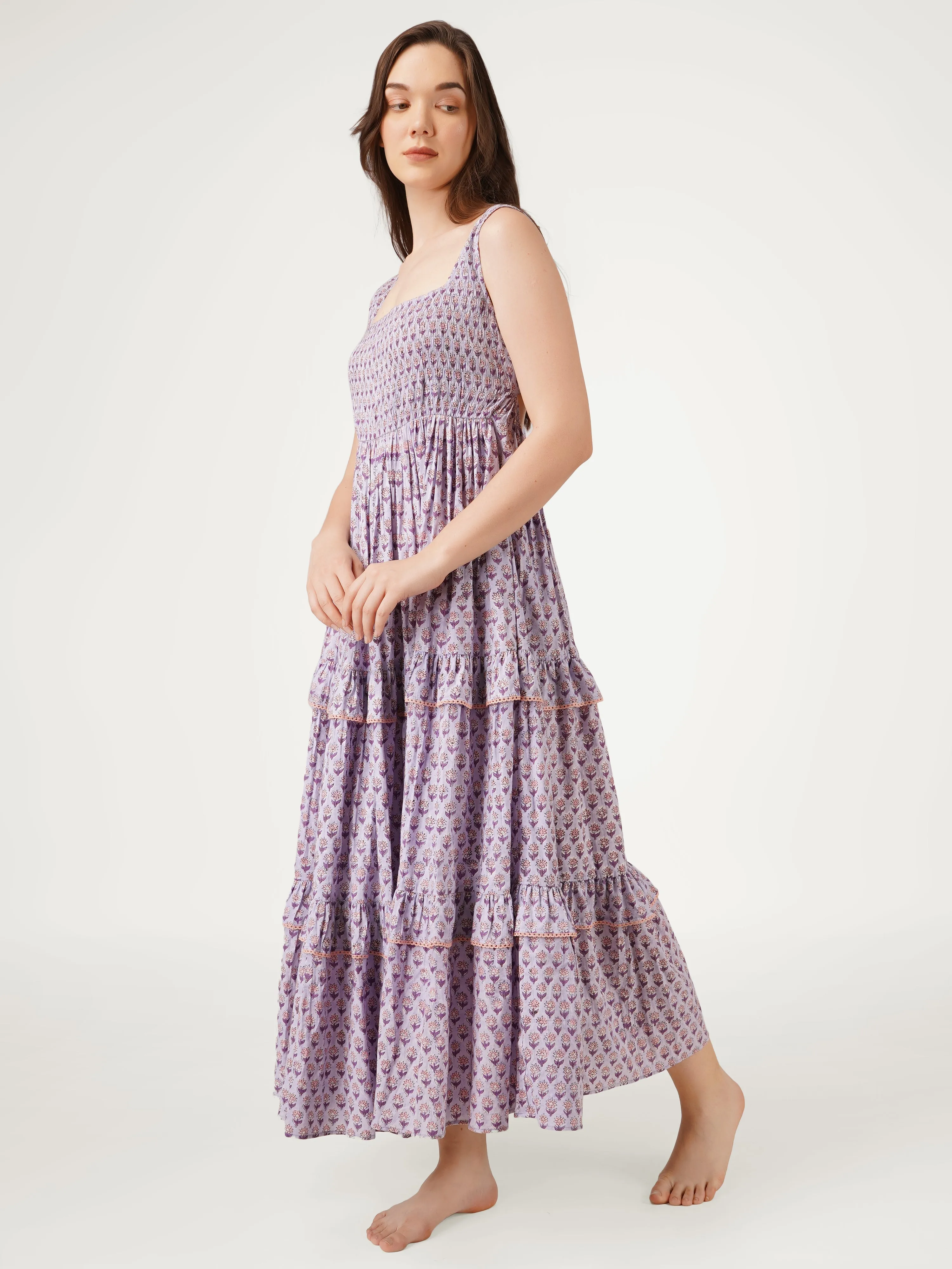 Lavender Cotton Tiered Dress With Back Bow Details