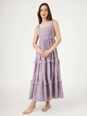 Lavender Cotton Tiered Dress With Back Bow Details