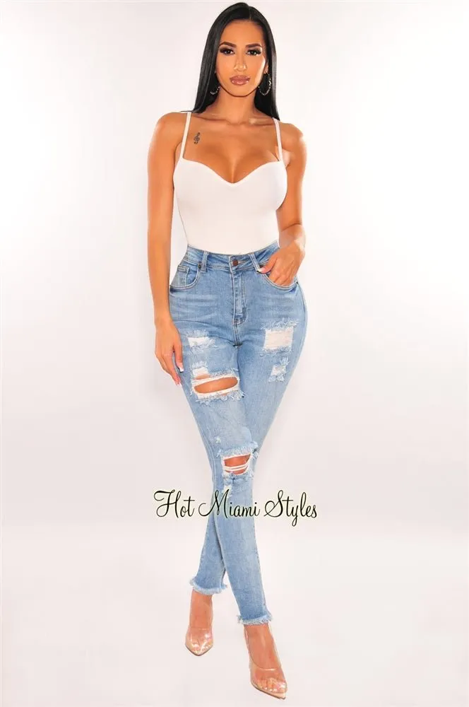 Light Denim High Waist Ripped Frayed Skinny Jeans