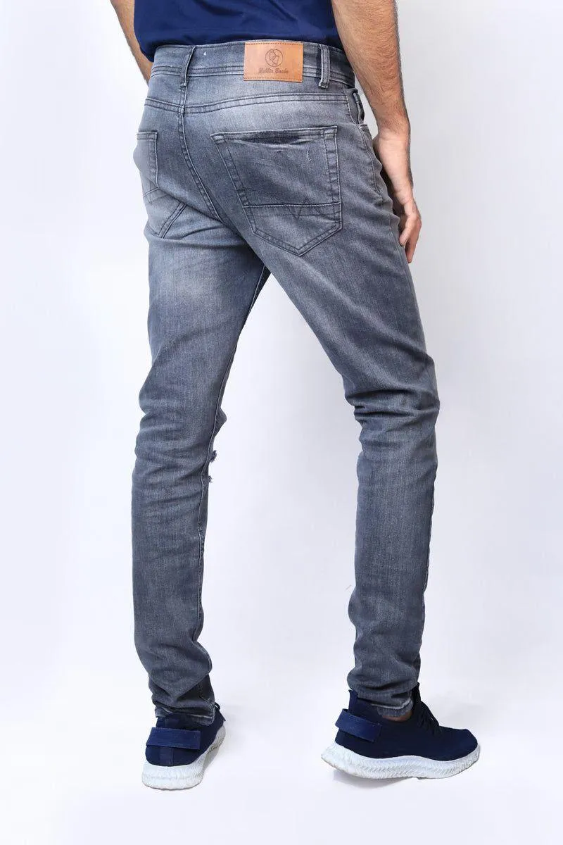 Men Grey Rip & Repair Stretch Denim Jean