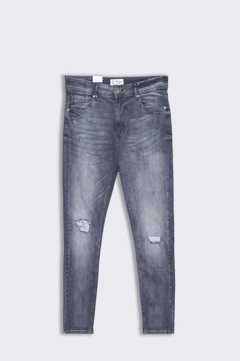 Men Grey Rip & Repair Stretch Denim Jean