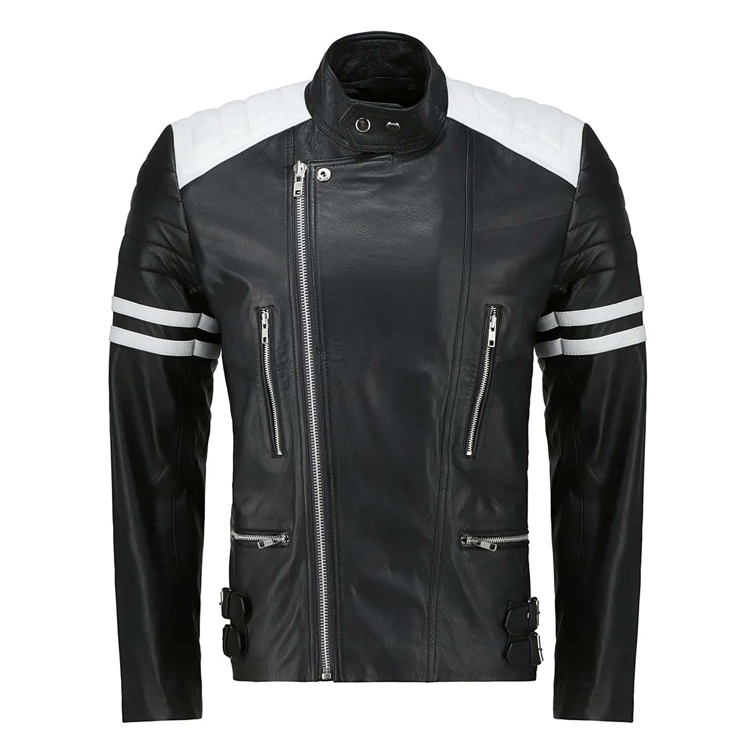 Men's Classic Black & White Cafe Racer Leather Jacket