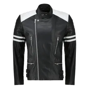 Men's Classic Black & White Cafe Racer Leather Jacket