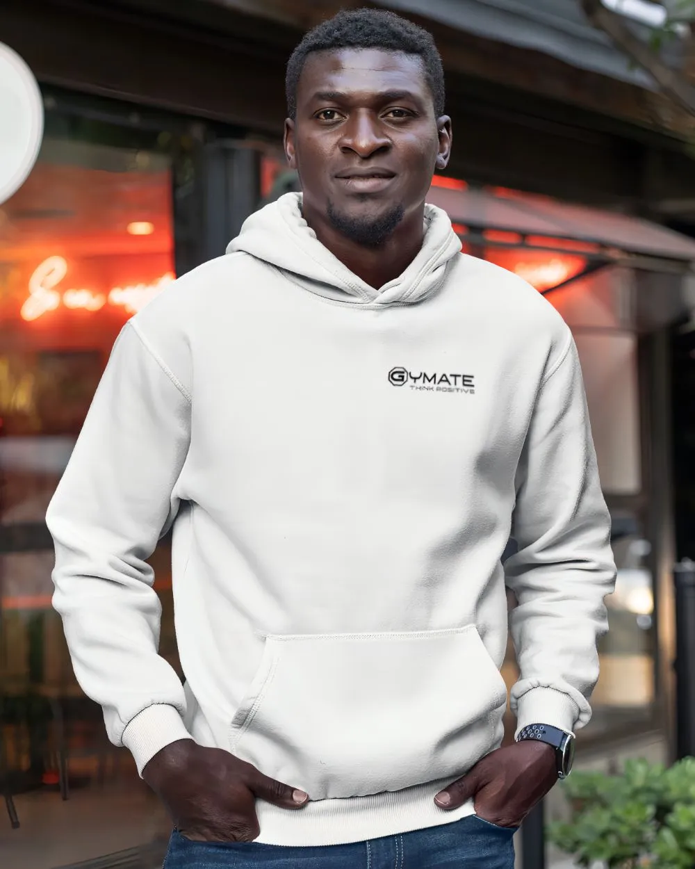 Mens Popular Hoodies chest logo 'Think Positive' [white]