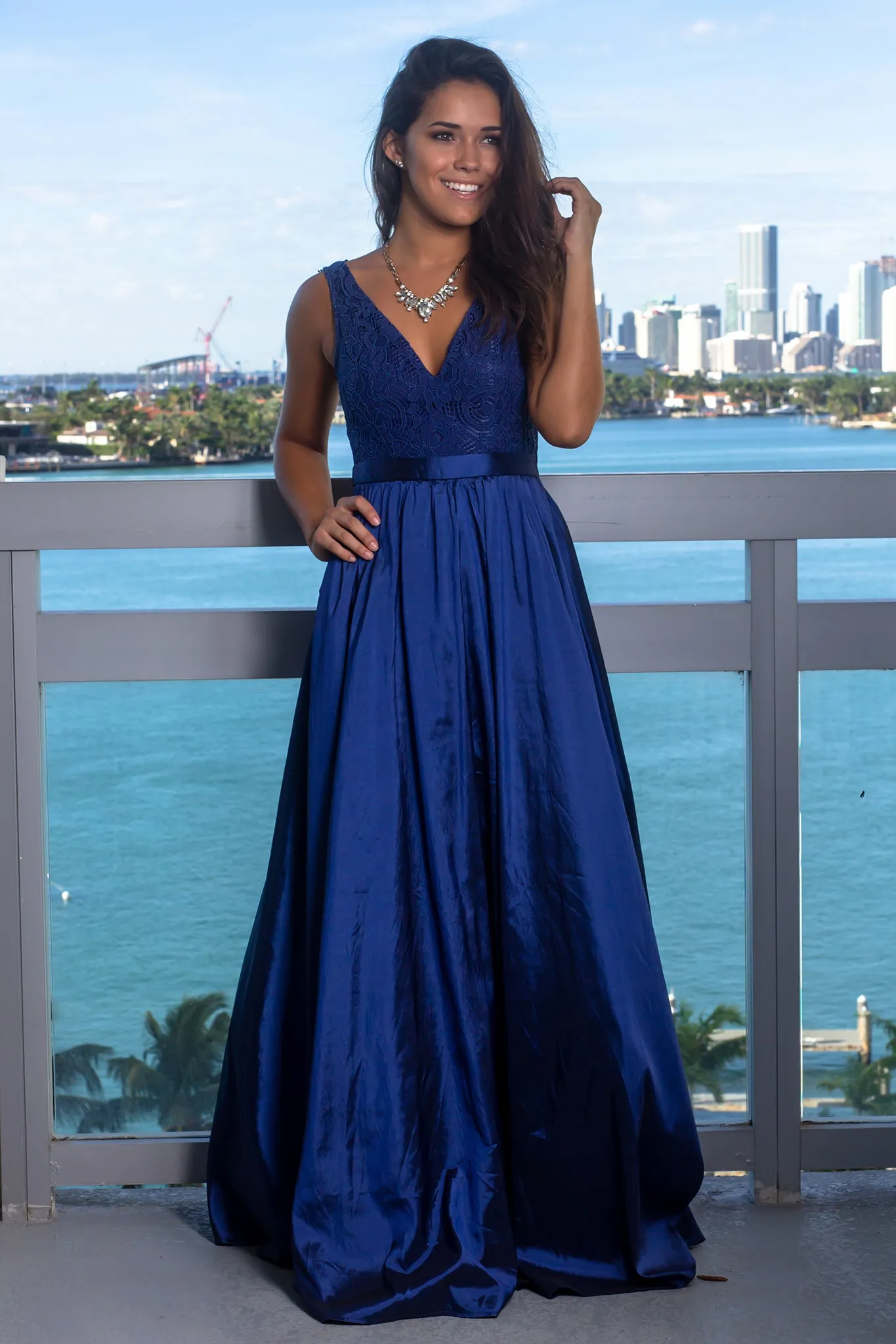 Navy Maxi Dress with Crochet Top and Lace Up Back